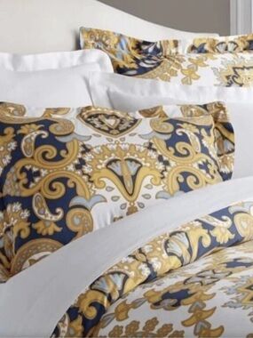 Pottery Barn Kendall Queen Duvet Cover and 4 Shams 2 Standard 2 Euro Gold Blue